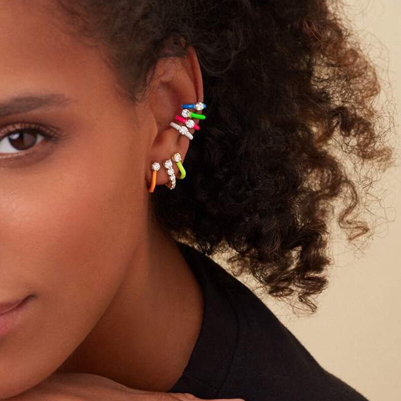 Colorful Enamel Cubic Zirconia Clip Earrings, 7 Colors - Boncuque Store