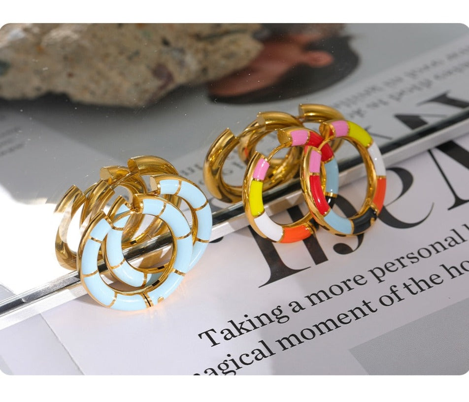 Dainty Enamel Stainless Steel Colorful Round Hoop Earrings - Boncuque Store