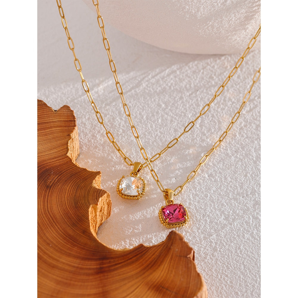 Square Cubic Zirconia Pendant Necklace Real Gold Plated - Boncuque Store