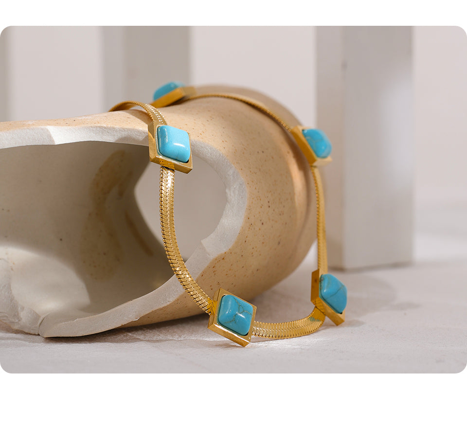 Gold Plated Stainless Steel Snake Chain Necklace With Turquoise Stones - Boncuque Store