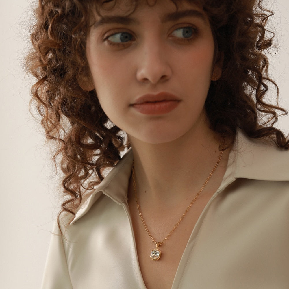 Square Cubic Zirconia Pendant Necklace Real Gold Plated - Boncuque Store