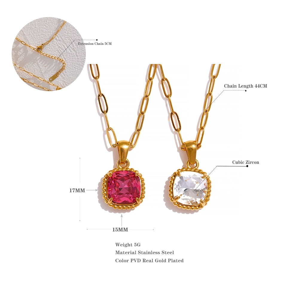 Square Cubic Zirconia Pendant Necklace Real Gold Plated - Boncuque Store