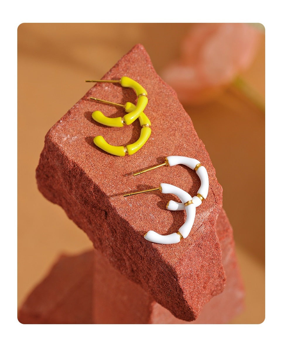 Hoop Earrings - White Yellow Enamel Bamboo Style - Boncuque Store