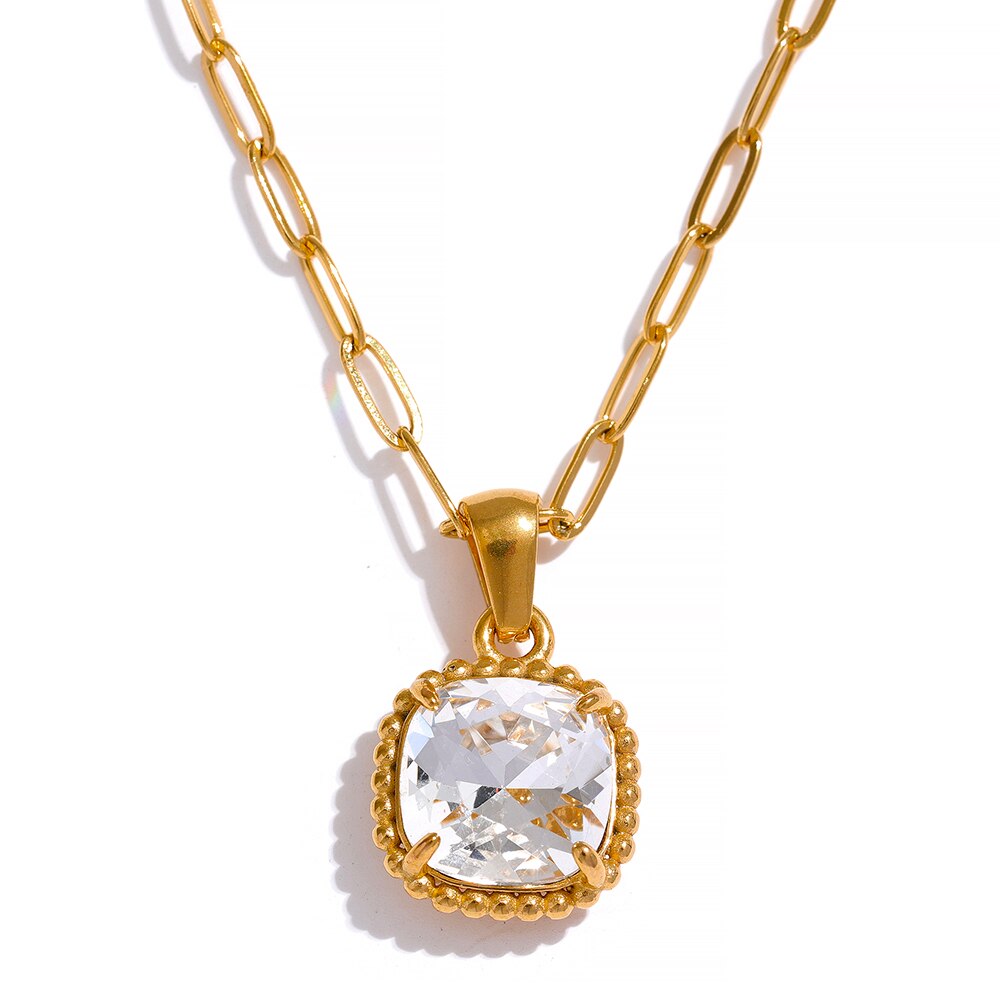 Square Cubic Zirconia Pendant Necklace Real Gold Plated - Boncuque Store