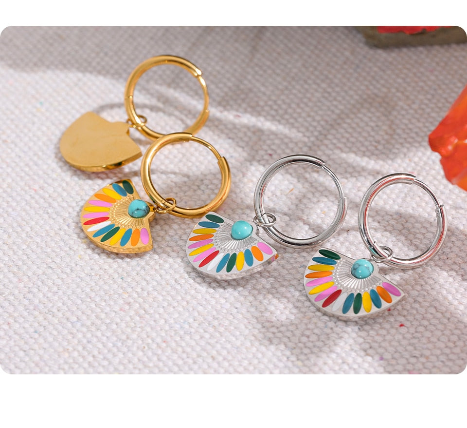 Dainty Colorful Enamel Rainbow Hoop Earrings Stainless Steel - Boncuque Store