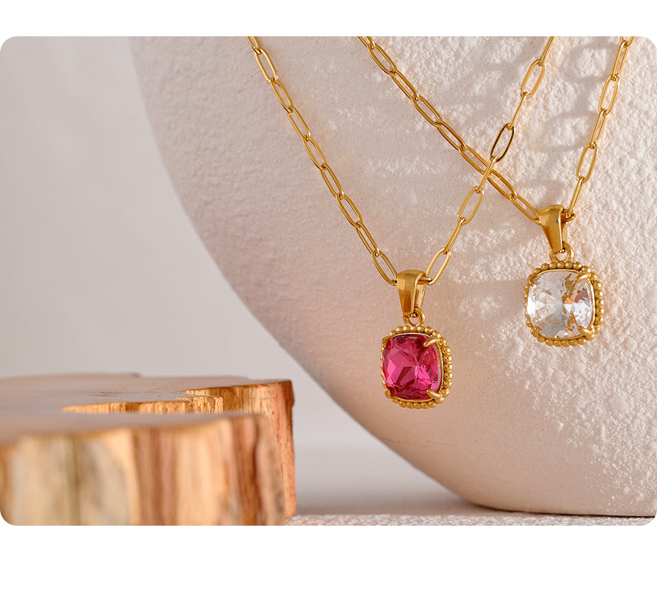 Square Cubic Zirconia Pendant Necklace Real Gold Plated - Boncuque Store