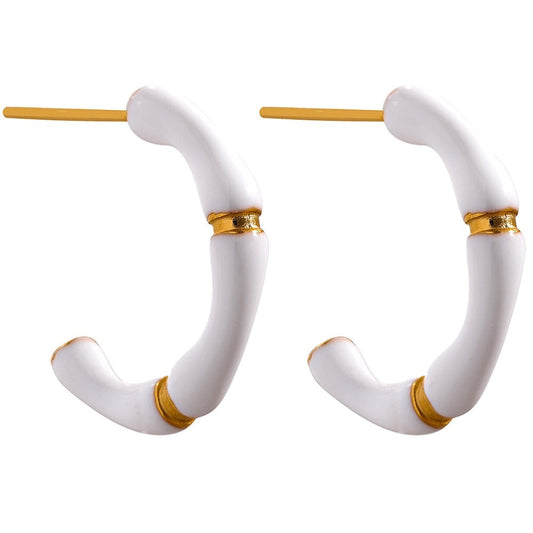 Hoop Earrings - White Yellow Enamel Bamboo Style - Boncuque Store