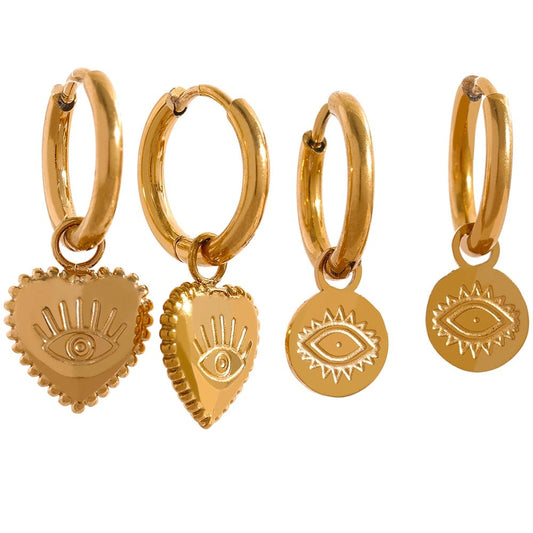 Heart and Circular Eye Drop Earrings Gold Plated - Boncuque Store