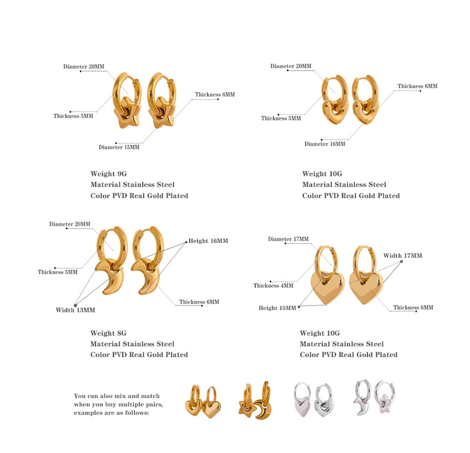 18K Gold Plated Huggie Hoops Earrings With Star Moon Heart Pendants - Boncuque Store