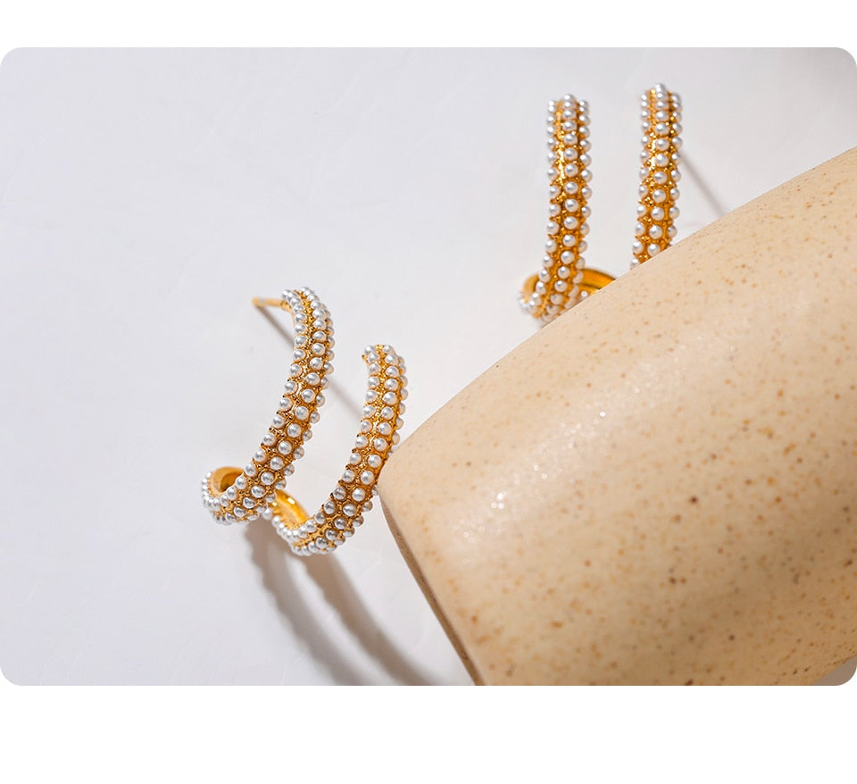 Romantic Magical Imitation Pearl Hoop Earrings, Gold Plated - Boncuque Store