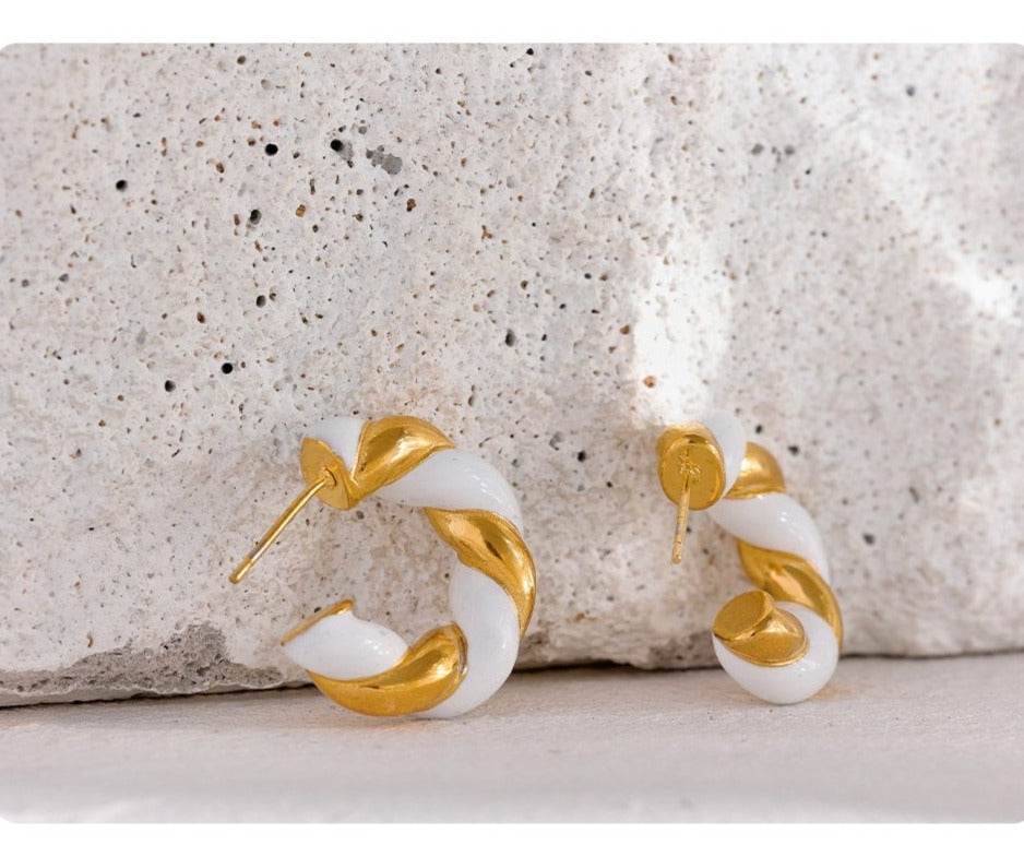 Enamel Hoop Earrings White/Gold Twisted, Gold Plated - Boncuque Store