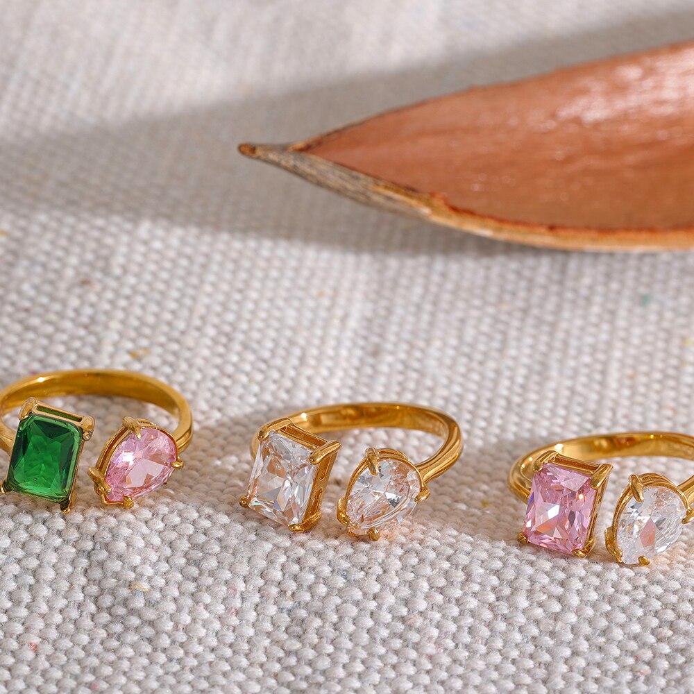 Gold Color Stainless Steel Open Ring Cubic Zirconia White Green Pink - Boncuque Store