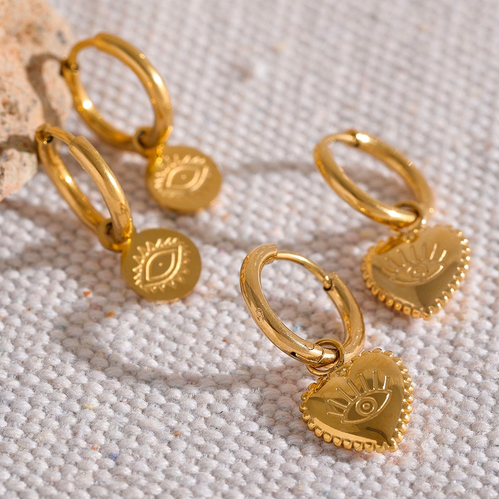 Heart and Circular Eye Drop Earrings Gold Plated - Boncuque Store