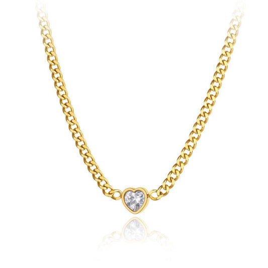 AAA Cubic Zirconia Heart Pendant Necklace Stainless Steel Gold Plated - Boncuque Store