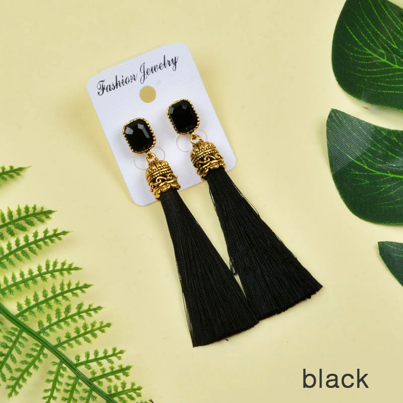 Boho Earrings Long Silk Tassel Earrings with Cubic Zirconia, in Different Colors - Boncuque