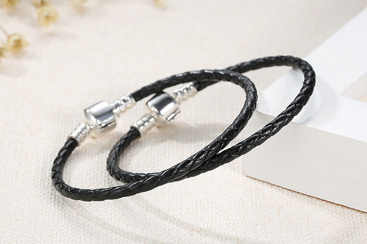 925 Sterling Silver & Real Black Leather Bracelet - Boncuque