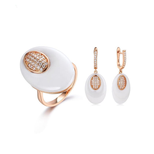 Ring Set, Charmant and Fine Ceramic Earring & Ring, Black or White - Boncuque