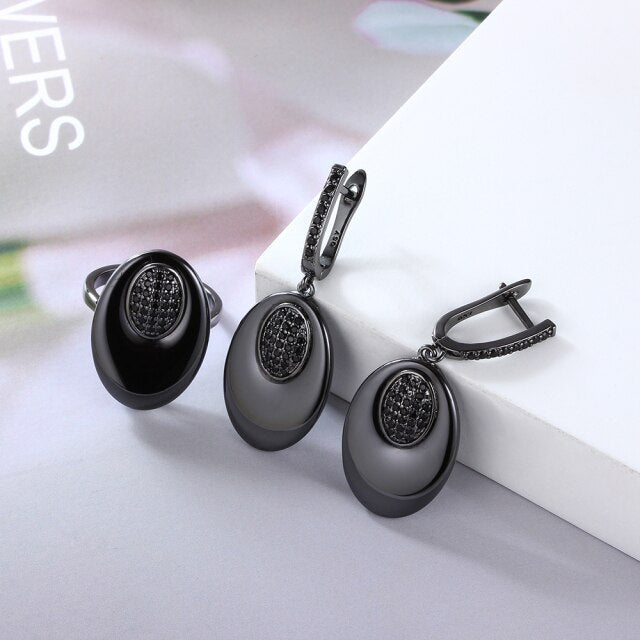 Ring Set, Charmant and Fine Ceramic Earring & Ring, Black or White - Boncuque