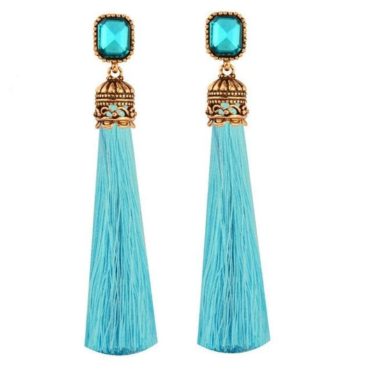 Boho Earrings Long Silk Tassel Earrings with Cubic Zirconia, in Different Colors - Boncuque