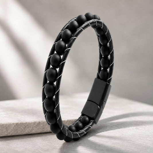 Matte Onyx Leather Bracelet for Men, Black Beaded Bracelet, Steel Clasp, Minimalist Men's Jewelry - Boncuque Store