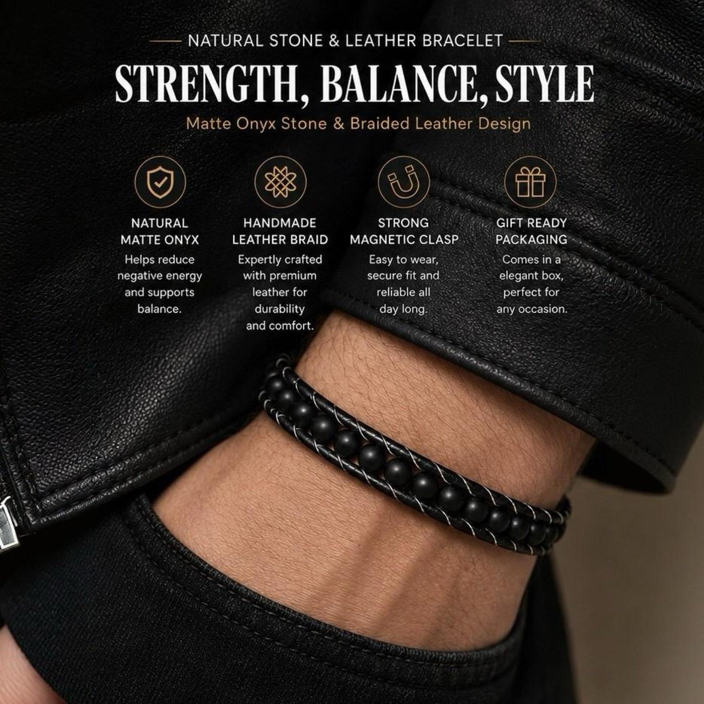 Matte Onyx Leather Bracelet for Men, Black Beaded Bracelet, Steel Clasp, Minimalist Men's Jewelry - Boncuque Store