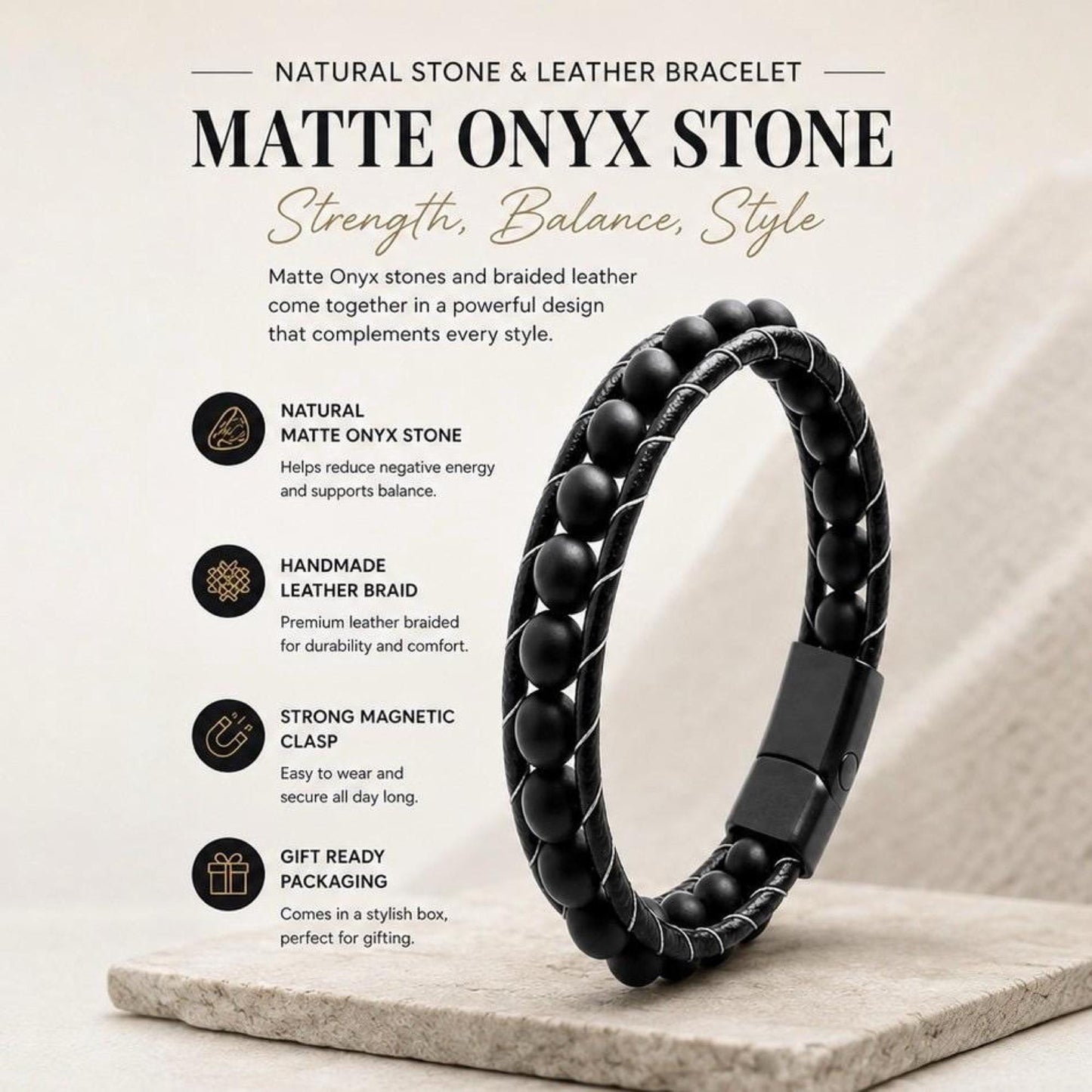 Matte Onyx Leather Bracelet for Men, Black Beaded Bracelet, Steel Clasp, Minimalist Men's Jewelry - Boncuque Store