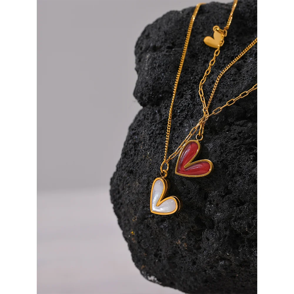 Enamel Natural Shell Heart Pendant Stainless Steel Necklace - Boncuque Store