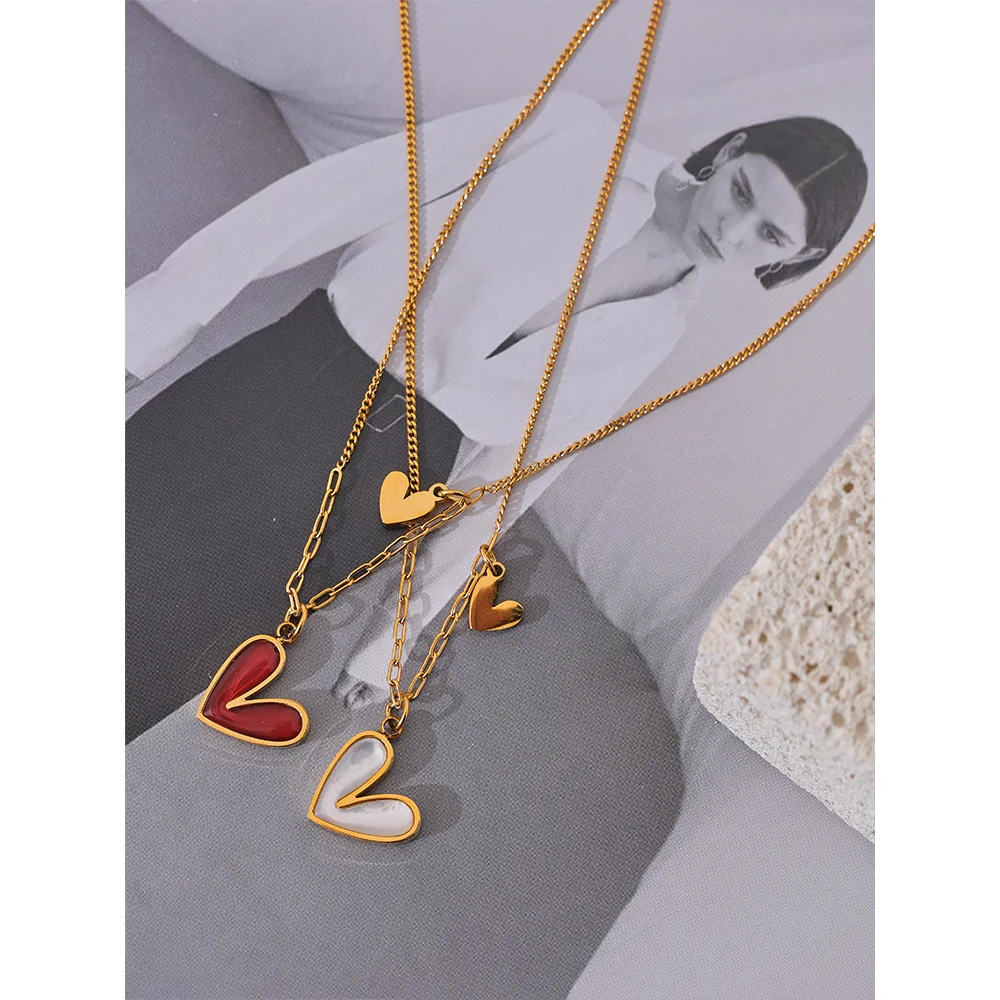 Enamel Natural Shell Heart Pendant Stainless Steel Necklace - Boncuque Store