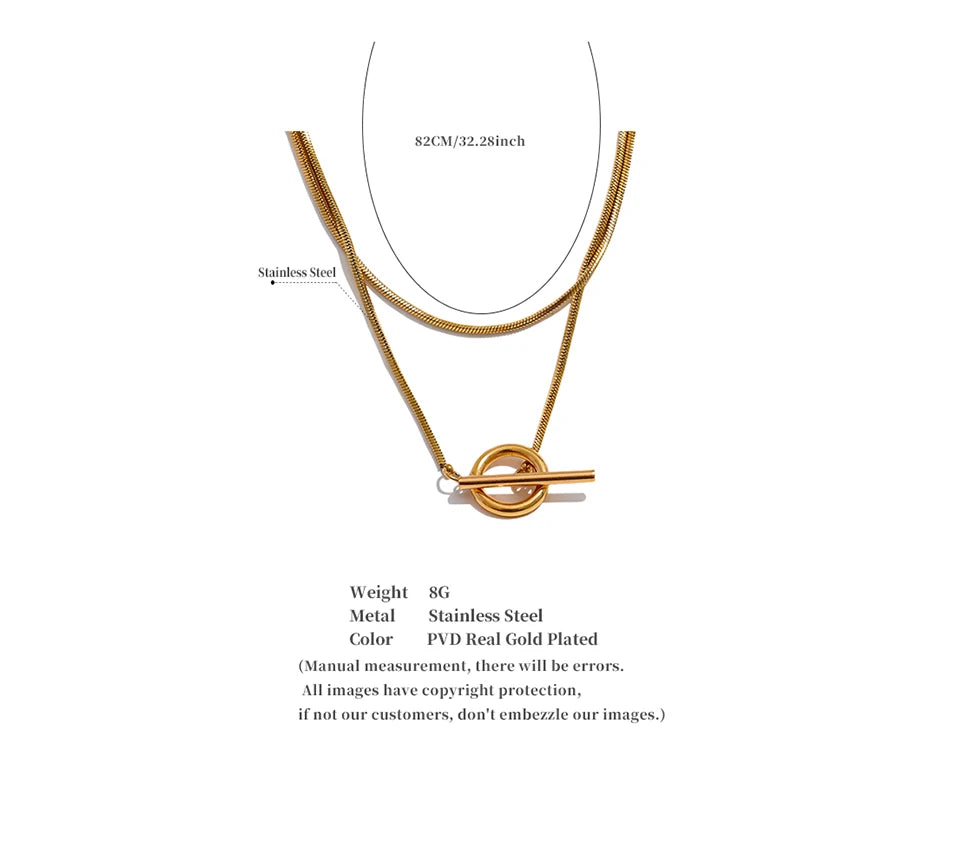 Stainless Steel Double Layer Chain Necklace, Gold Plated