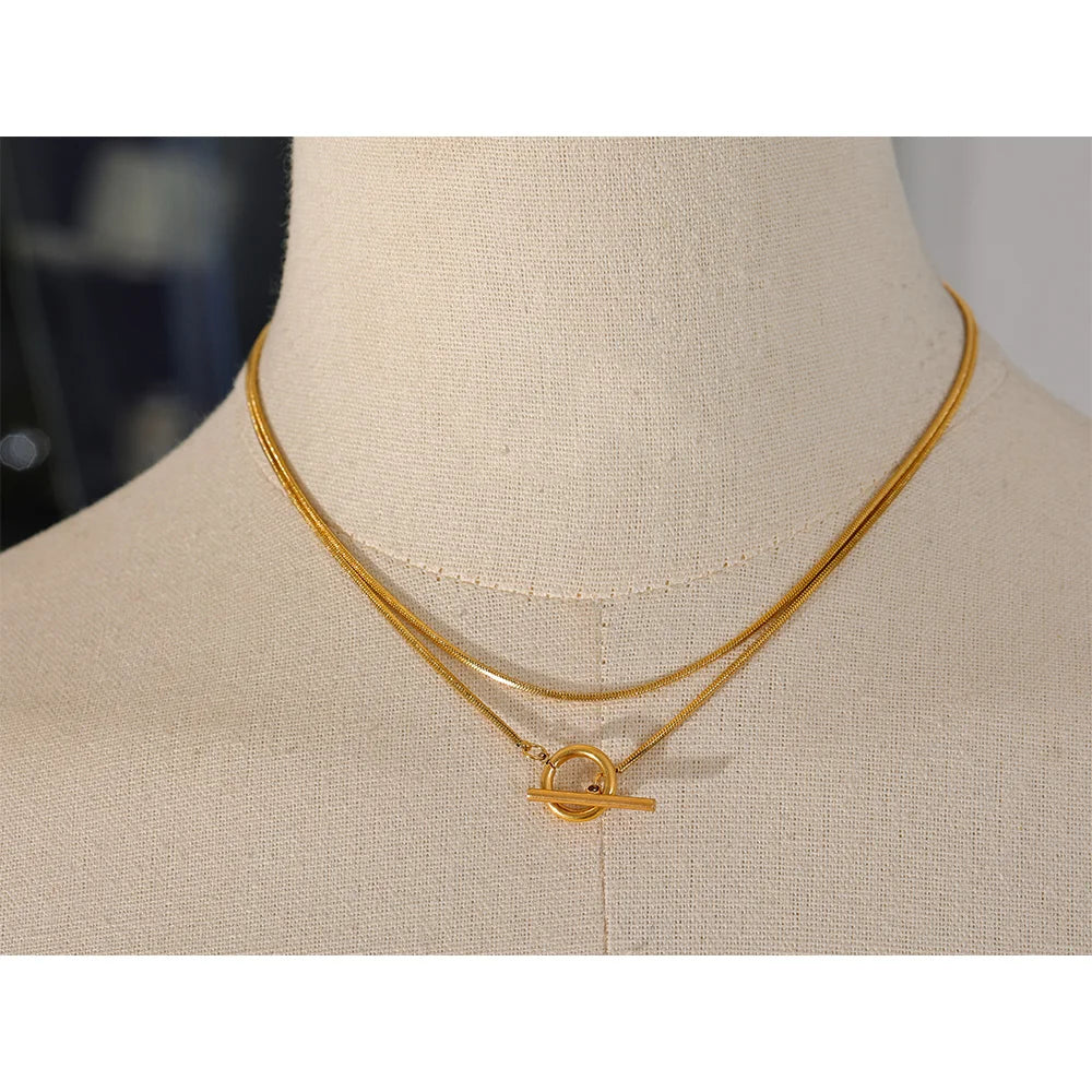 Stainless Steel Double Layer Chain Necklace, Gold Plated