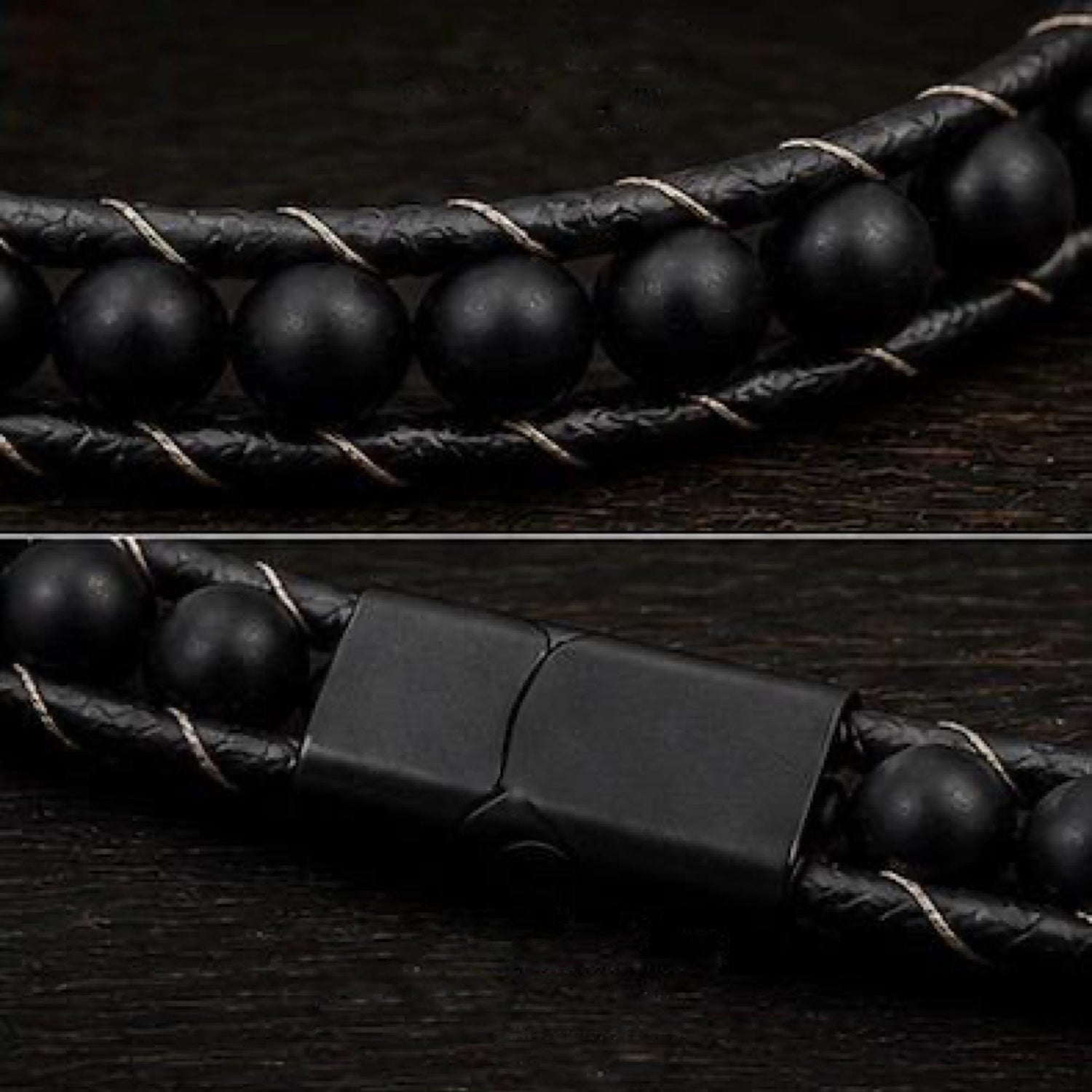 Matte Onyx Leather Bracelet for Men, Black Beaded Bracelet, Steel Clasp, Minimalist Men's Jewelry - Boncuque Store