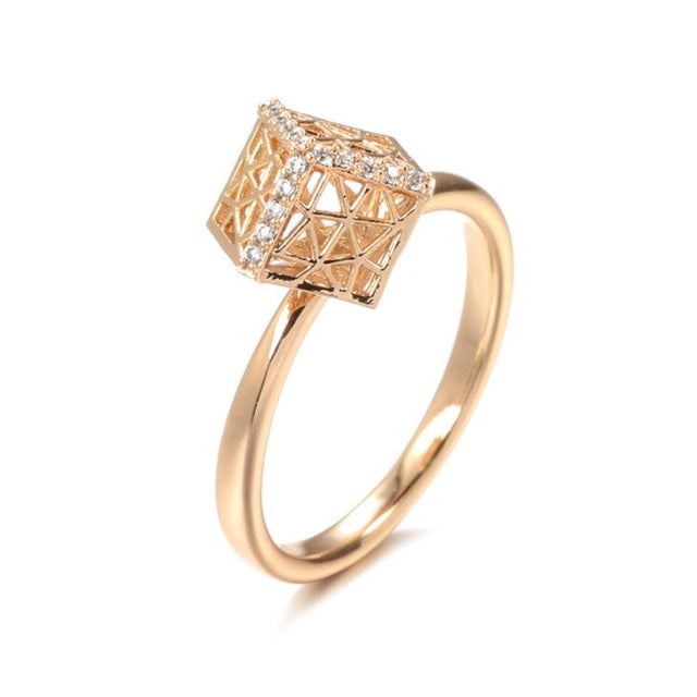 Unique Design Ring, 3D Hollow Pattern 585 Rose Gold Square Natural Zircon - Boncuque