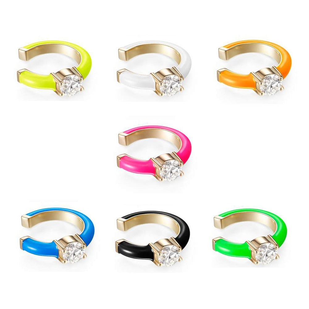 Colorful Enamel Cubic Zirconia Clip Earrings, 7 Colors - Boncuque Store