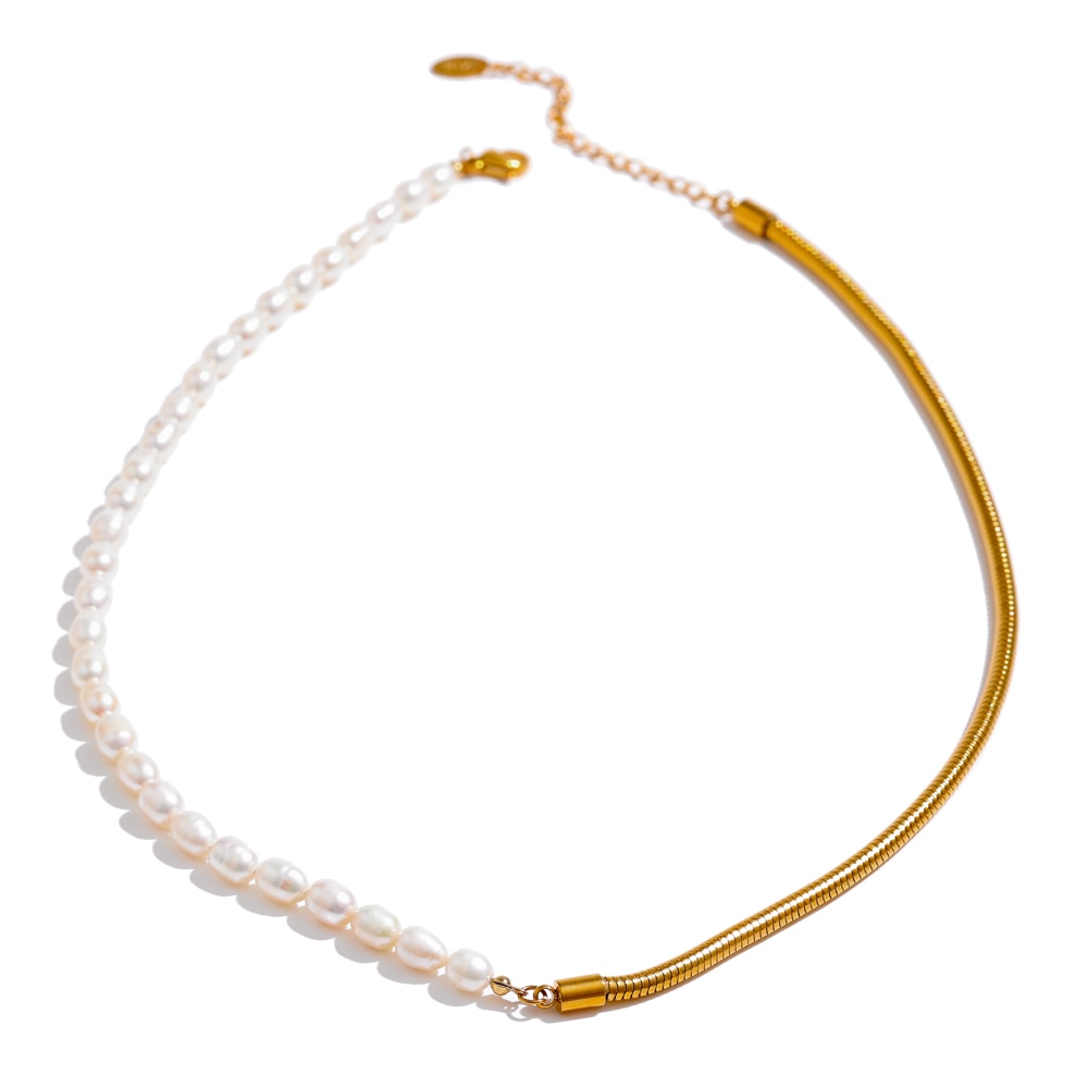 Half Natural Pearl Half Chain Necklace Gold Plated - Boncuque Store