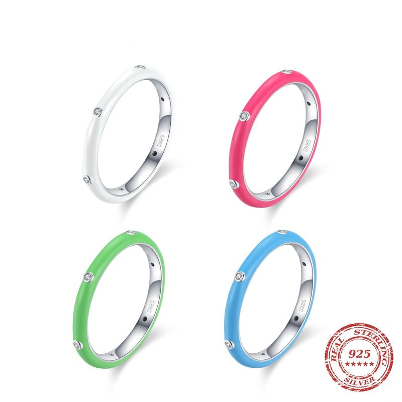 Stackable Enamel Rings Colorful With Cubic Zirconia, Sterling Silver - Boncuque Store