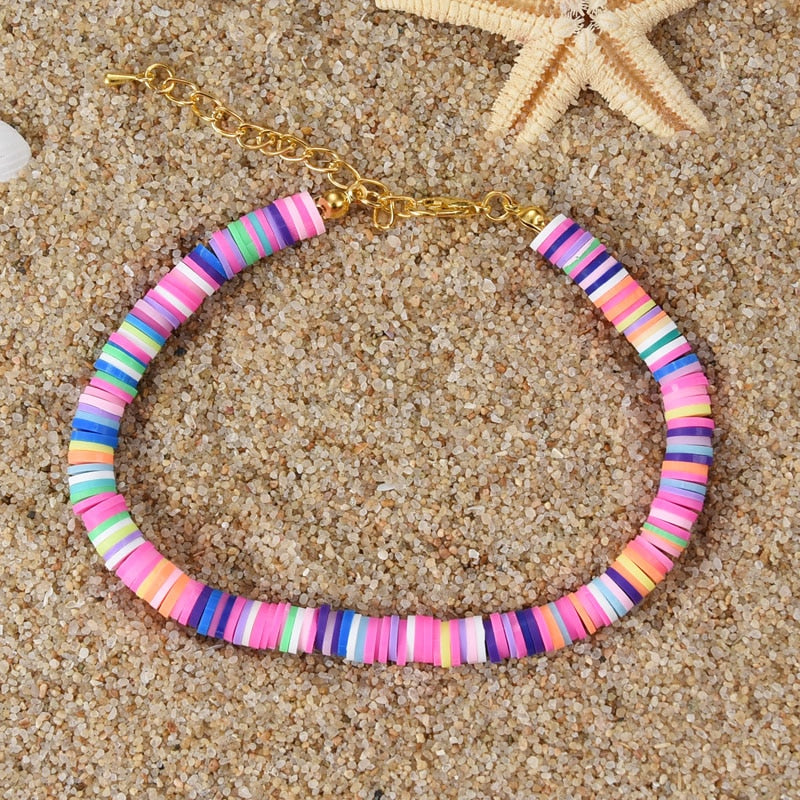 Adjustable Handmade Polymer Clay Discs Anklet Rainbow Color - Boncuque Store