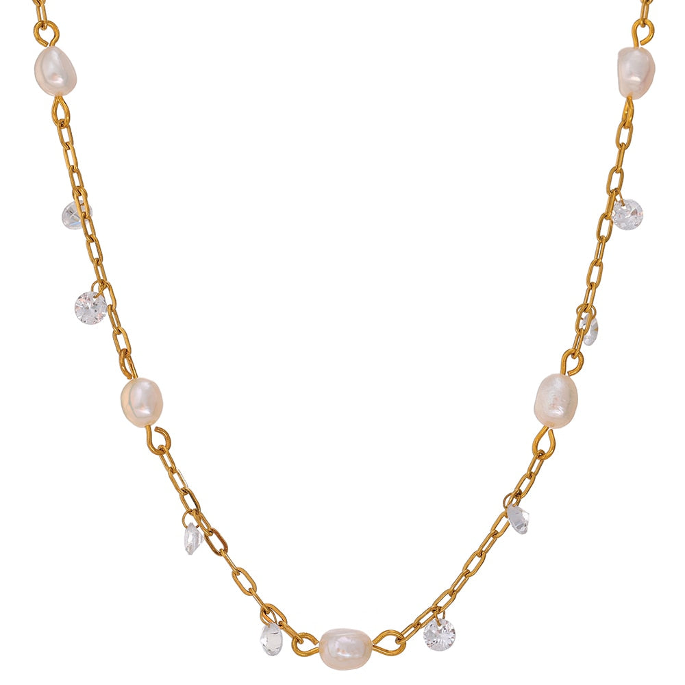 Chic Natural Pearl & Cubic Zirconia Gold Plated Chain Necklace - Boncuque Store