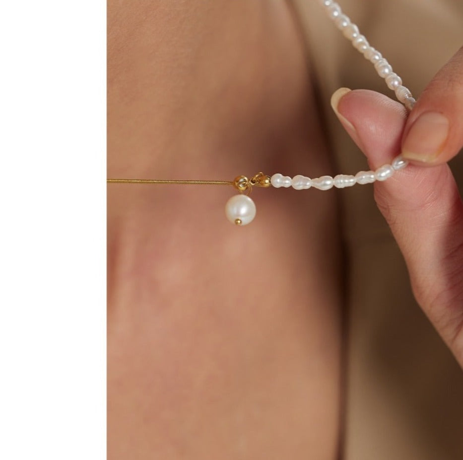 Natty Stainless Steel Natural Pearl Chain Necklace Gold Plated - Boncuque Store