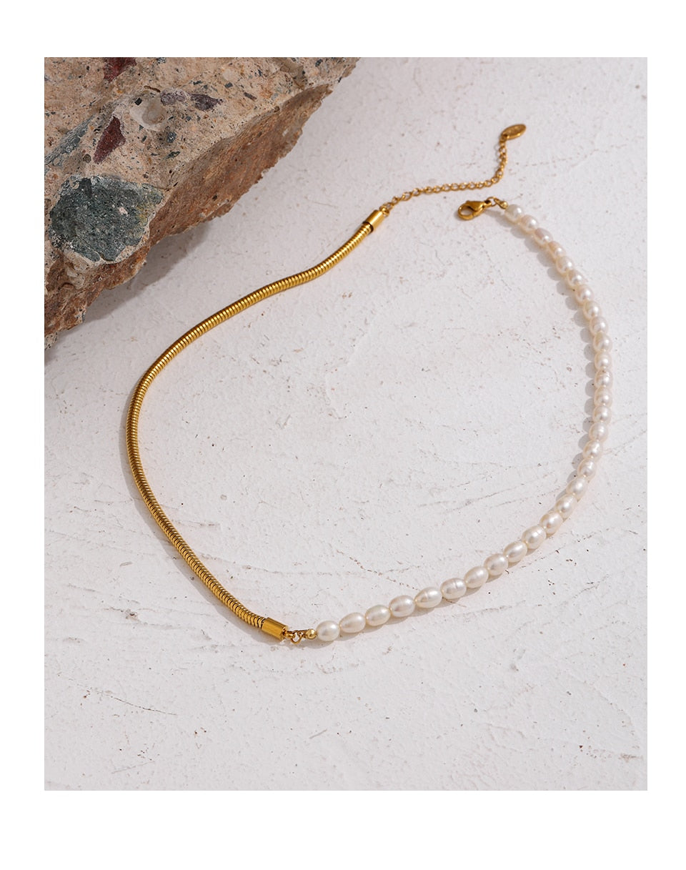 Half Natural Pearl Half Chain Necklace Gold Plated - Boncuque Store