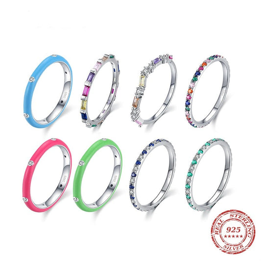 Stackable Enamel Rings Colorful With Cubic Zirconia, Sterling Silver - Boncuque Store