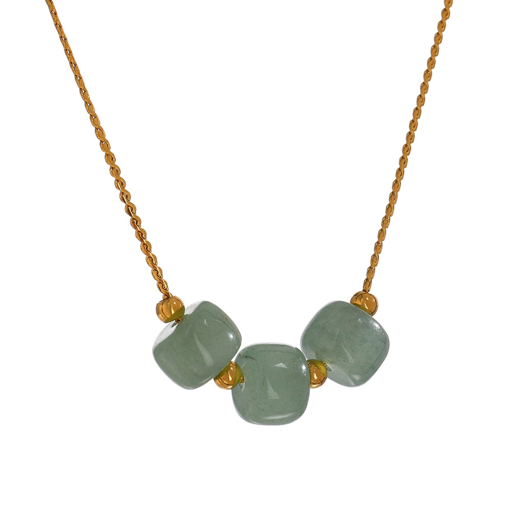 Gold Plated Stainless Steel Necklace With Green Aventurine Stones - Boncuque Store