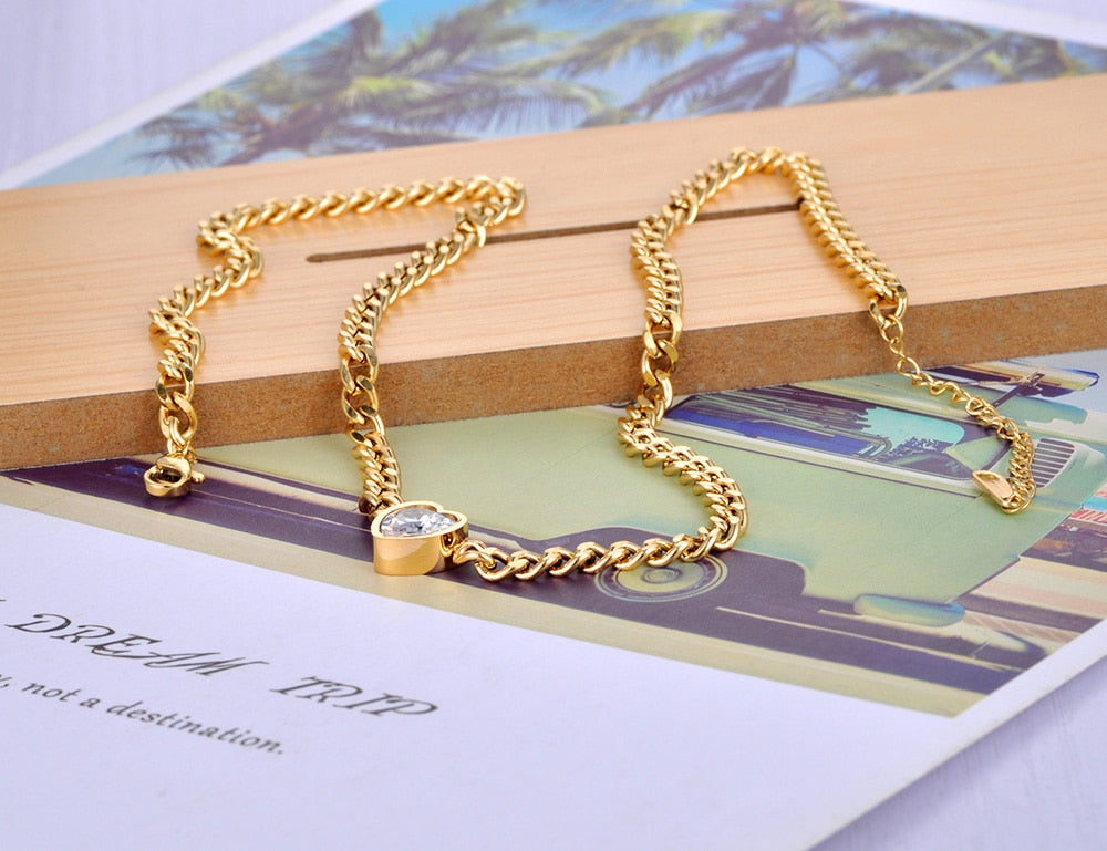 AAA Cubic Zirconia Heart Pendant Necklace Stainless Steel Gold Plated - Boncuque Store