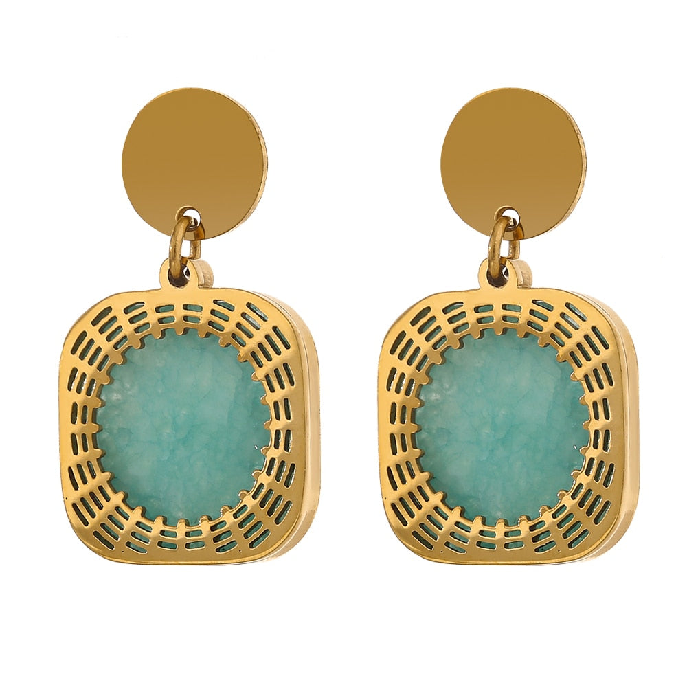 Drop Earrings With Turquoise Natural Stone, Gold Plated - Boncuque Store
