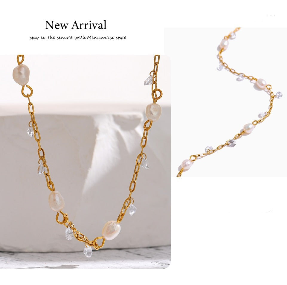 Chic Natural Pearl & Cubic Zirconia Gold Plated Chain Necklace - Boncuque Store