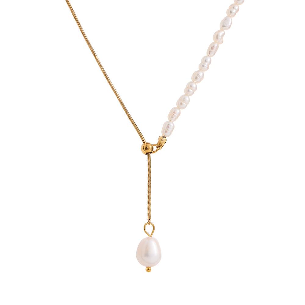 Natty Stainless Steel Natural Pearl Chain Necklace Gold Plated - Boncuque Store