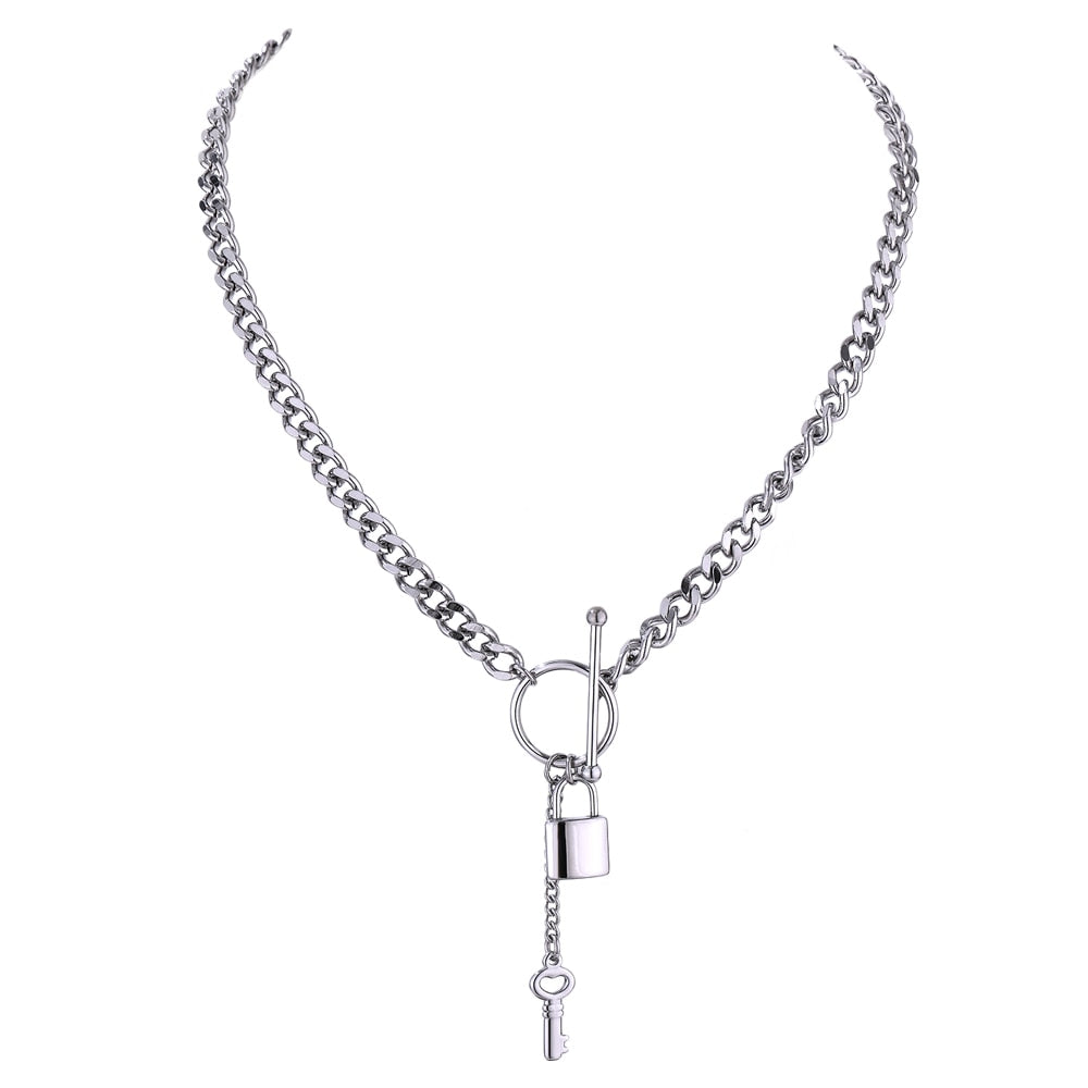 18K Plated Stainless Steel Chain Necklace With Metal Lock Pendant - Boncuque Store