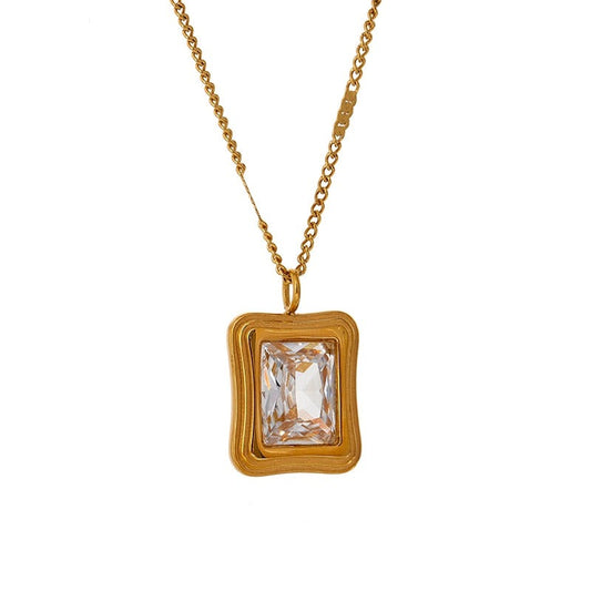 Stainless Steel Stylish Square Cubic Zirconia Necklace, Gold Plated - Boncuque Store