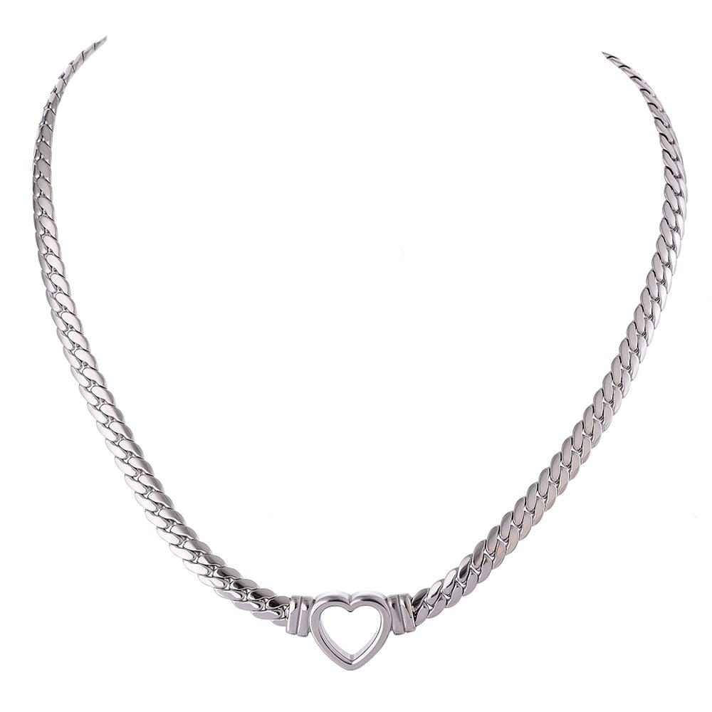 Metal Texture Stainless Steel Heart Chain Necklace, Gold Plated - Boncuque Store