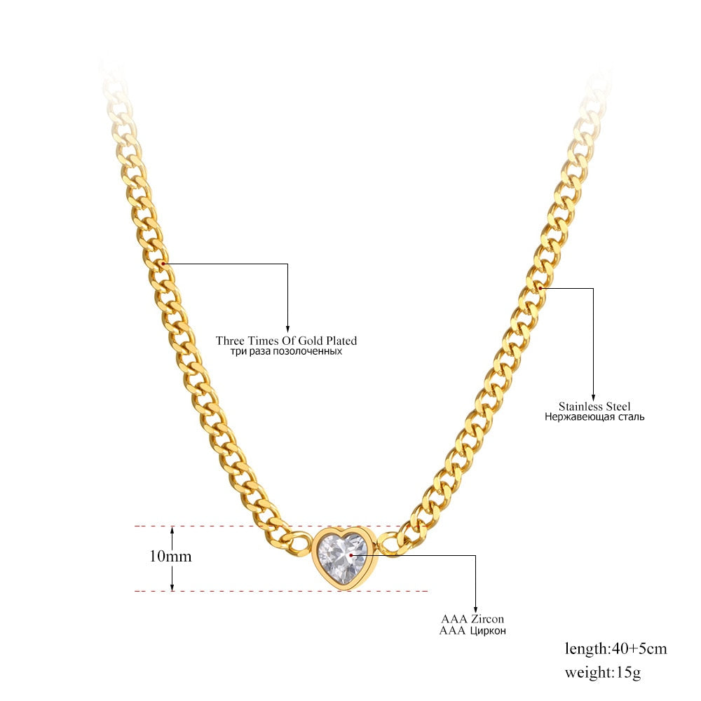 AAA Cubic Zirconia Heart Pendant Necklace Stainless Steel Gold Plated - Boncuque Store