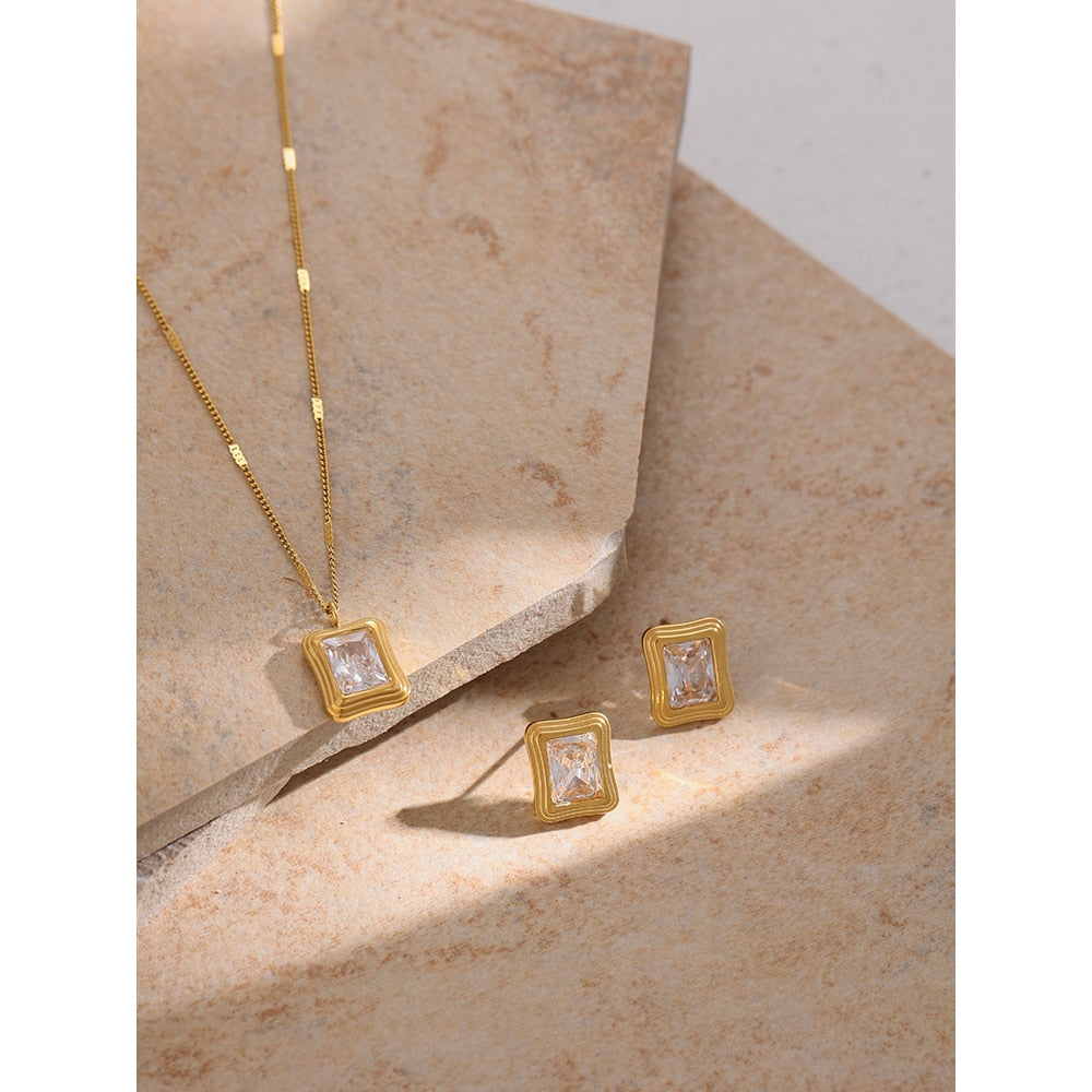 Stainless Steel Stylish Square Cubic Zirconia Necklace, Gold Plated - Boncuque Store